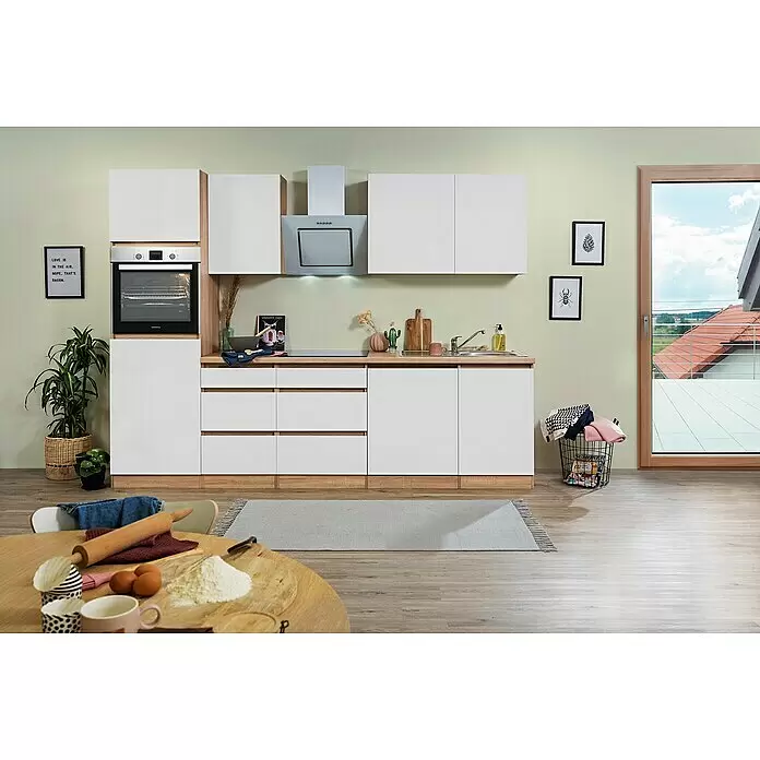 Respekta Premium Küchenleerblock LorenaBreite: 280 cm, Weiß, Matt, Dekor Arbeitsplatte: Holzoptik, Ohne Elektrogeräte