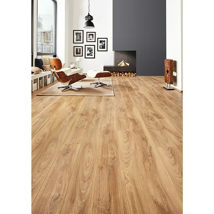 LOGOCLIC Edition Laminat Vinto Sundance Oak - Sundance Oak, Landhausdiele, 1.288 x 195 x 8 mm - Elegantes Interieur mit hellem Laminatboden, der dem Raum Wärme verleiht. Der Boden harmoniert mit dem modernen Design und der Einrichtung.