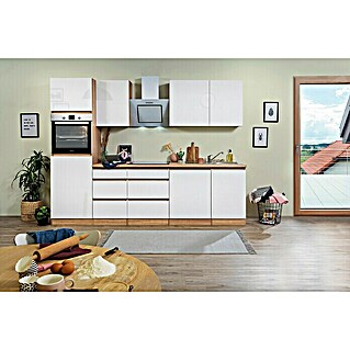 Respekta Premium Küchenleerblock Lorena (Breite: 280 cm, Weiß, Dekor Arbeitsplatte: Holzoptik, Hochglänzend, Ohne Elektrogeräte)