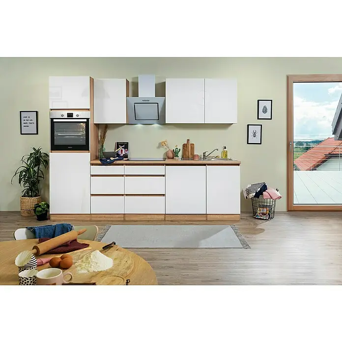 Respekta Premium Küchenleerblock LorenaBreite: 280 cm, Weiß, Dekor Arbeitsplatte: Holzoptik, Hochglänzend, Ohne Elektrogeräte - Moderne Küche mit weißen Schränken und Holzdetails, inklusive Backofen und Dunstabzugshaube, für ein stilvolles Kocherlebnis.