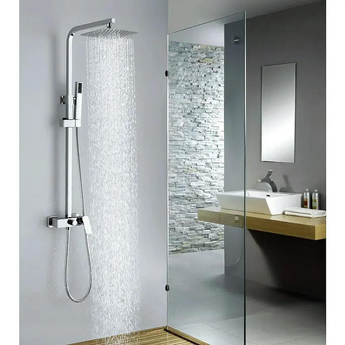 Imex Sistema de ducha Bremen - Con grifo monomando, Distancia entre orificios: 15 cm, Número de tipos de chorro: 1 ud., Cromo - Sistema de ducha con rociador de lluvia y ducha de mano en un baño moderno.