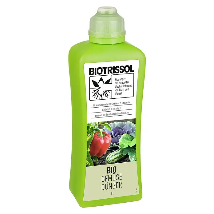 Biotrissol Bio-Gemüsedünger - 1.000 ml - Abbildung einer Flasche BIOTRISSOL Bio Gemüse Dünger 1L. Der organische Flüssigdünger unterstützt das Wachstum von Wurzeln und Blättern.