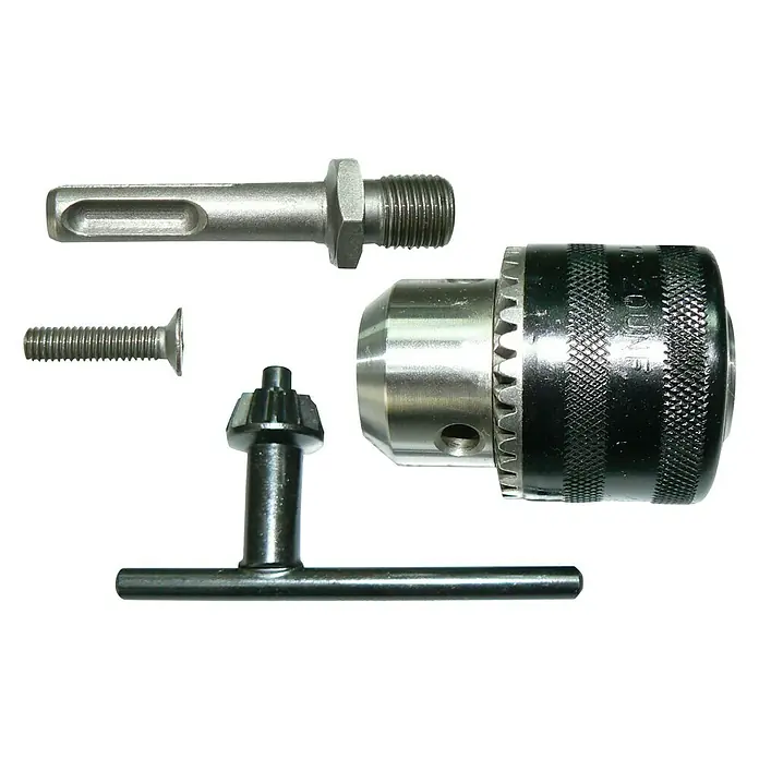 Portabrocas de cambio rápido con adaptador SDS-PLUS - Alcance de sujeción: 1,5 mm - 13 mm, Metal - Imagen de un conjunto de portabrocas con portabrocas, adaptador, tornillo y llave. Ideal para proyectos de bricolaje y profesionales.