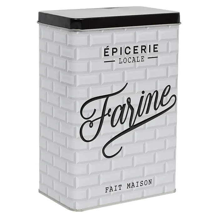 Recipiente de almacenaje de metal Brooklyn - L x An x Al: 7,8 x 12,2 x 18,5 cm, Específico para: Harinas - Un recipiente de almacenamiento blanco etiquetado como "Épicerie Locale Farine Fait Maison" con una tapa negra.