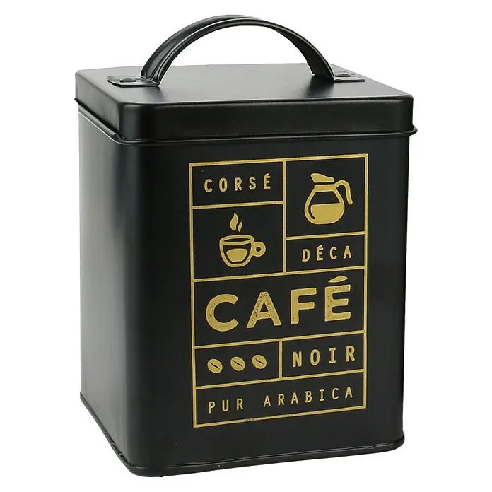 Recipiente de almacenaje con tapa - L x An x Al: 11,5 x 11,5 x 17,5 cm, Específico para: Café o Azúcar, Metal, Negro - Primer plano de una lata de café negra con letras doradas que muestran varios tipos de café como "Corse", "Déca" y "Noir".