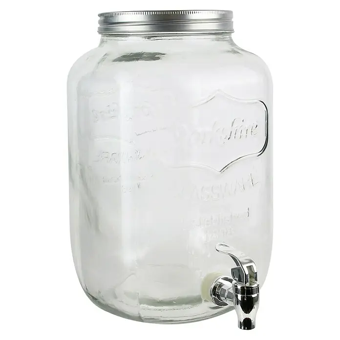 Dispensador de bebida - 8 l, Vidrio - Un dispensador de bebidas de vidrio transparente grande con una tapa y grifo plateados, ideal para fiestas y eventos.