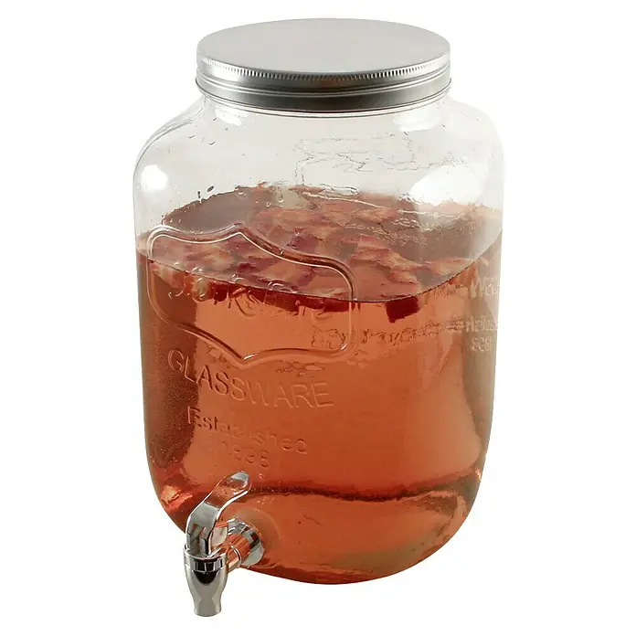 Dispensador de bebida - 8 l, Vidrio - Este dispensador de bebidas de vidrio con grifo es ideal para fiestas y eventos. Tiene una tapa plateada, listo para usar.