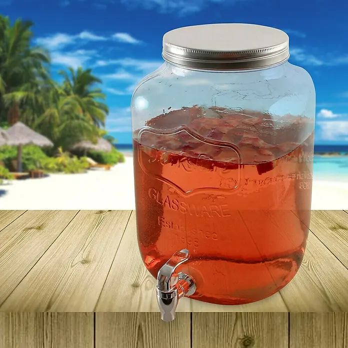 Dispensador de bebida - 8 l, Vidrio - Dispensador de bebidas de vidrio con tapa y grifo plateados, ideal para fiestas de verano y refrescos al aire libre.