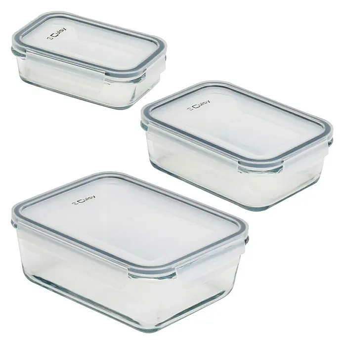 Set de recipientes de almacenaje con tapa hermética - 3 ud., Material: Vidrio - Tres recipientes de vidrio con tapas, ideales para guardar alimentos.