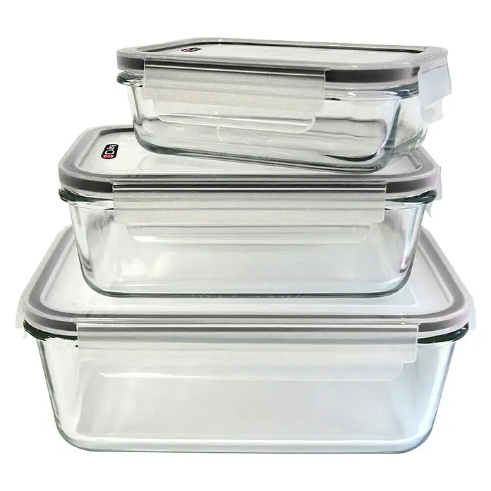 Set de recipientes de almacenaje con tapa hermética - 3 ud., Material: Vidrio - Tres recipientes de vidrio apilados con tapas. Perfectos para guardar alimentos.