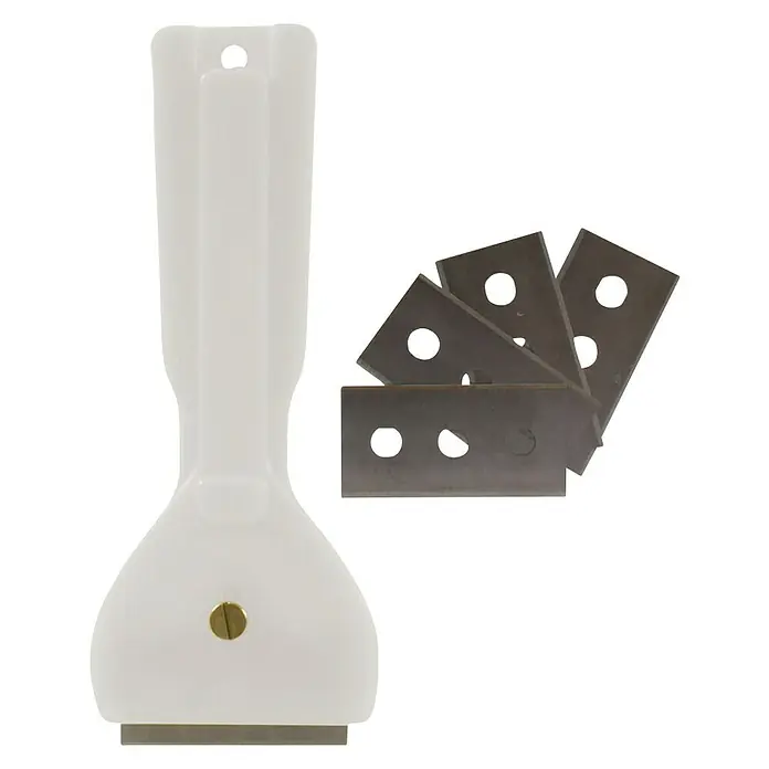 Rascador para vitrocerámica - Largo: 13,9 cm, Específico para: Placas de cocina - Rasqueta de vidrio blanca con cuchillas. Esta herramienta es una ayuda indispensable para limpiar superficies de vidrio y eliminar la suciedad incrustada.