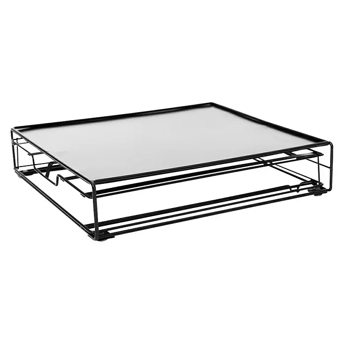 Dispensador cápsulas de café Nespresso - L x An x Al: 31 x 21 x 7 cm, 32 cápsulas - Un elegante soporte rectangular para monitor hecho de metal de alambre negro con una superficie superior brillante.
