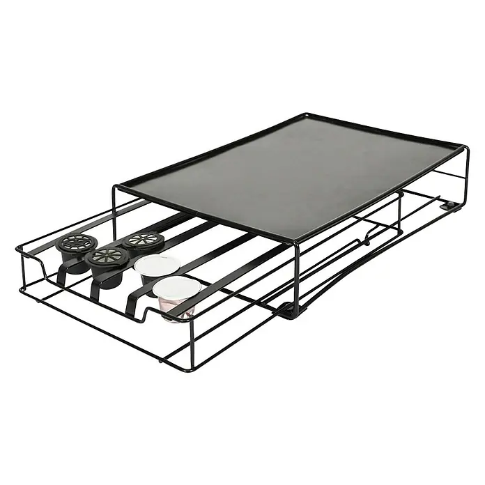 Dispensador cápsulas de café Nespresso - L x An x Al: 31 x 21 x 7 cm, 32 cápsulas - Aquí hay un organizador de cápsulas de café de alambre de metal negro con un cajón extraíble y una parte superior plana.