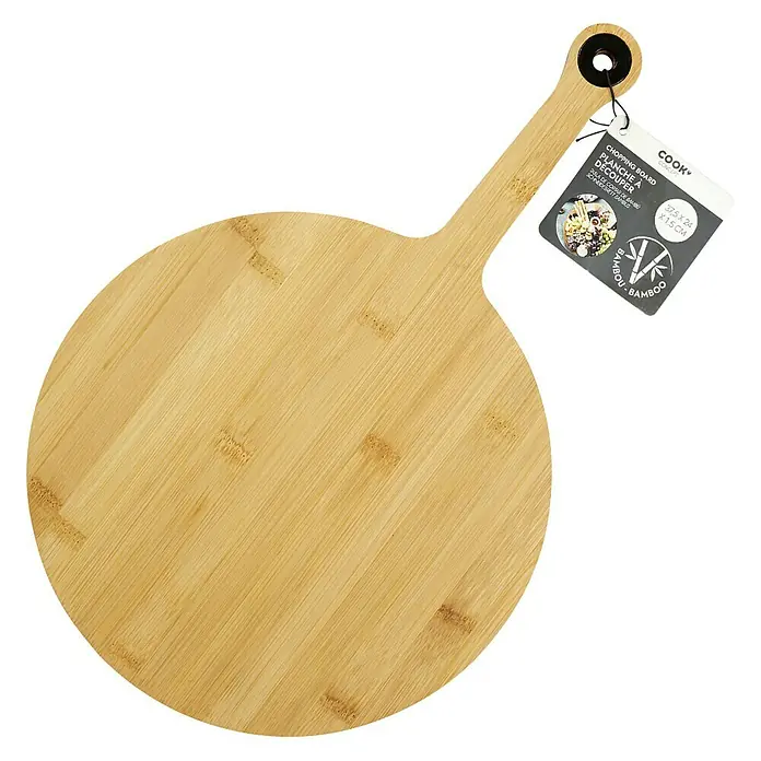 Tabla de cortar Redonda - Ø x L: 24 x 37,5 cm, Bambú - Una tabla de cortar redonda de bambú con asa y lazo para colgar. Ideal para preparar y servir alimentos.