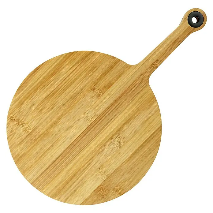 Tabla de cortar Redonda - Ø x L: 24 x 37,5 cm, Bambú - Una pala de pizza de madera con mango, ideal para servir pizza. La tabla de cortar es de bambú y tiene un práctico lazo para colgar.