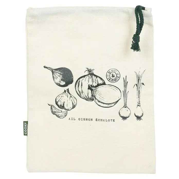 Bolsa de conservación reutilizable - L x An x Al: 1,5 x 21 x 26,5 cm, Tela - Bolsa de tela con cordón con estampado de ajos, cebollas y chalotas para guardar verduras.