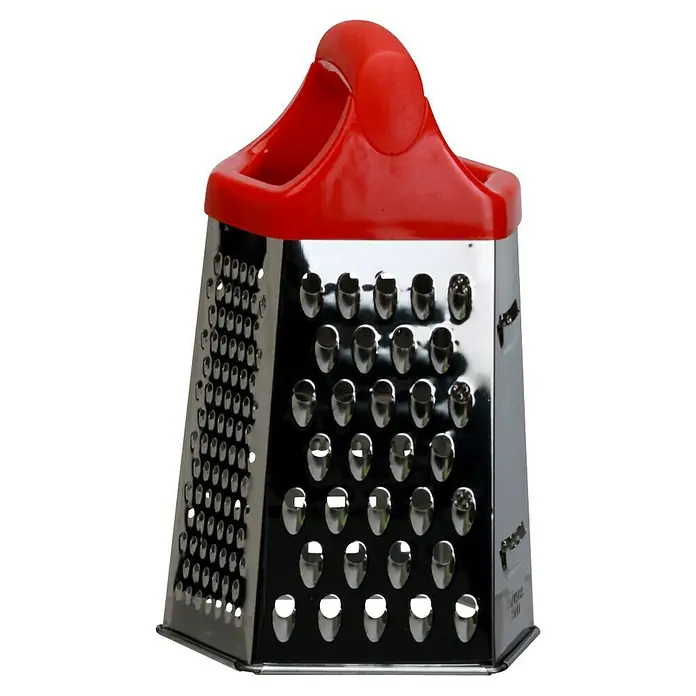 Rallador de 6 caras - An x Al: 12 x 19,5 cm, Acero inoxidable - Primer plano de un rallador de caja con mango rojo, una herramienta de cocina para rallar queso, verduras y más, sobre un fondo negro.