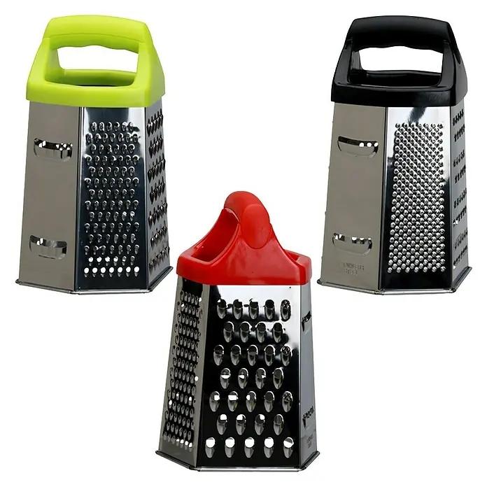 Rallador de 6 caras - An x Al: 12 x 19,5 cm, Acero inoxidable - Tres ralladores de caja con mangos en verde, negro y rojo sobre un fondo negro.