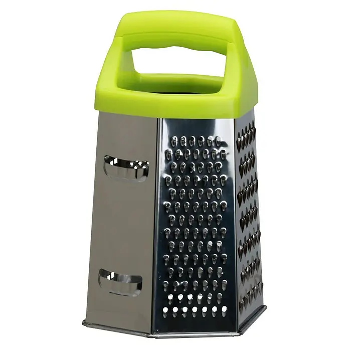Rallador de 6 caras - An x Al: 12 x 19,5 cm, Acero inoxidable - Una foto detallada de un rallador de caja con mango verde. El rallador es de acero inoxidable y tiene varias superficies de rallado.