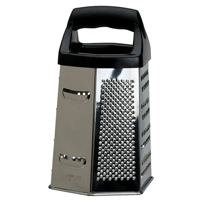 Rallador de 6 caras - An x Al: 12 x 19,5 cm, Acero inoxidable - Un rallador de caja de acero inoxidable con mango negro. El rallador cuenta con diversas superficies para un uso versátil.