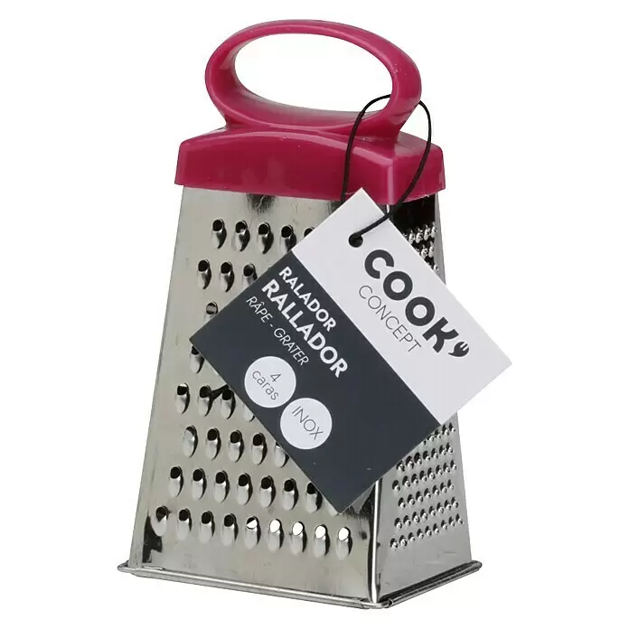 Rallador de 4 caras - L x An x Al: 5 x 7 x 12 cm, Acero inoxidable - Rallador de caja de acero inoxidable con mango fúcsia y etiqueta 'COOK CONCEPT'. Presenta cuatro superficies de rallado.