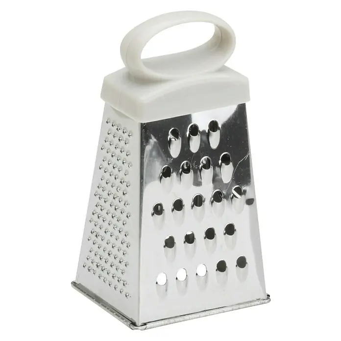 Rallador de 4 caras - L x An x Al: 5 x 7 x 12 cm, Acero inoxidable - Un rallador de caja de acero inoxidable con mango blanco, ideal para rallar queso, verduras y mucho más en la cocina.