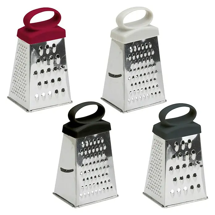 Rallador de 4 caras - L x An x Al: 5 x 7 x 12 cm, Acero inoxidable - Cuatro ralladores de caja con mangos rojos, blancos, negros y grises.