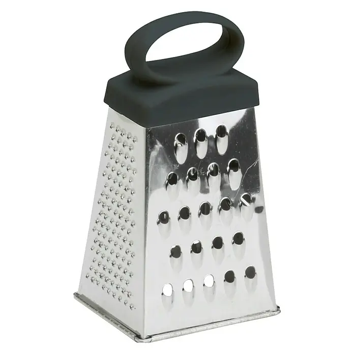 Rallador de 4 caras - L x An x Al: 5 x 7 x 12 cm, Acero inoxidable - Rallador de cocina con mango gris y varias superficies para rallar queso, verduras u otros ingredientes.