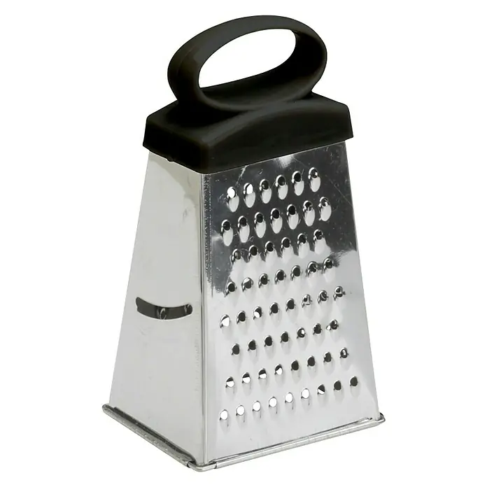 Rallador de 4 caras - L x An x Al: 5 x 7 x 12 cm, Acero inoxidable - Un práctico rallador de queso de cuatro lados con mango negro, ideal para rallar queso y verduras en la cocina.