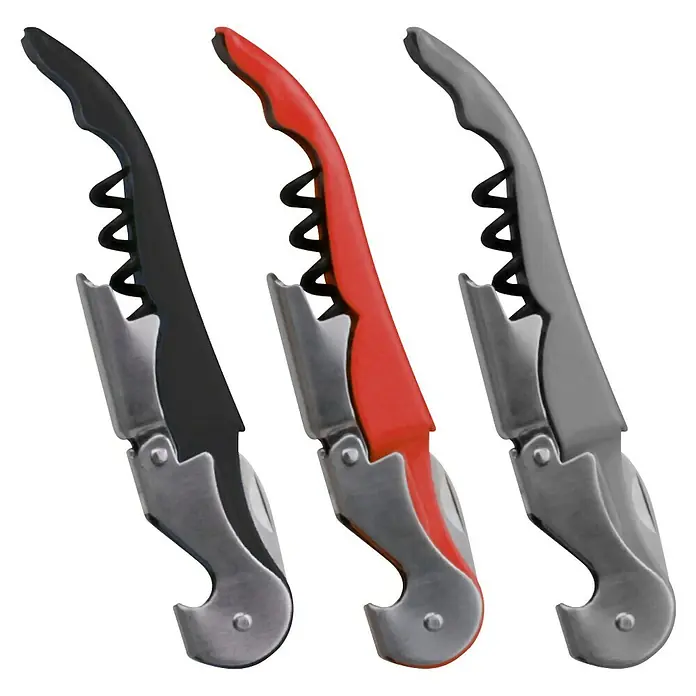 Sacacorchos multiusos - L x An x Al: 1,5 x 2,5 x 12 cm, Metal - Tres sacacorchos de camarero en negro, rojo y gris, con sacacorchos, abridor de botellas y cortacápsulas.