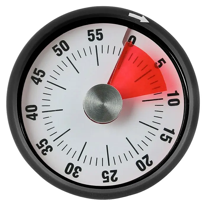 Temporizador - Imantado, Ø x Al: 6,1 mm x 3,7 cm - Primer plano de un temporizador redondo con marco negro e indicador rojo que muestra unos 7 minutos restantes.