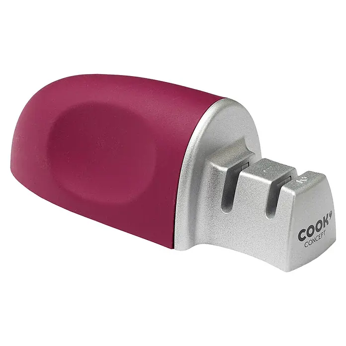Afilador de cuchillos de hoja de acero - Específico para: Cuchillos con hoja de acero, Variado - Primer plano de un afilador de cuchillos "Cook Concept" con mango burdeos y unidad de afilado plateada.