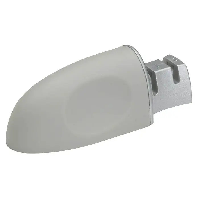 Afilador de cuchillos de hoja de acero - Específico para: Cuchillos con hoja de acero, Variado - Primer plano de un afilador de cuchillos gris con dos ranuras, sentado sobre una superficie negra.