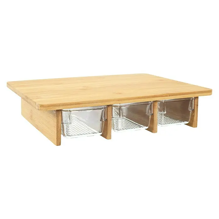 Tabla de cortar con cajones - 25 x 32 x 7 cm, Bambú - Esta imagen muestra una caja de almacenamiento con tres cajones transparentes y un marco de madera, ideal para la organización.