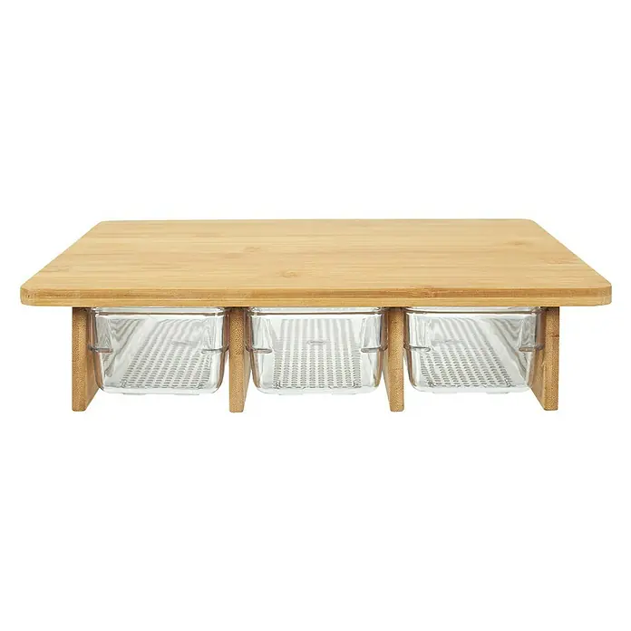 Tabla de cortar con cajones - 25 x 32 x 7 cm, Bambú - Bandeja de madera con tres recipientes transparentes, perfecta para condimentos o snacks en la cocina o comedor.