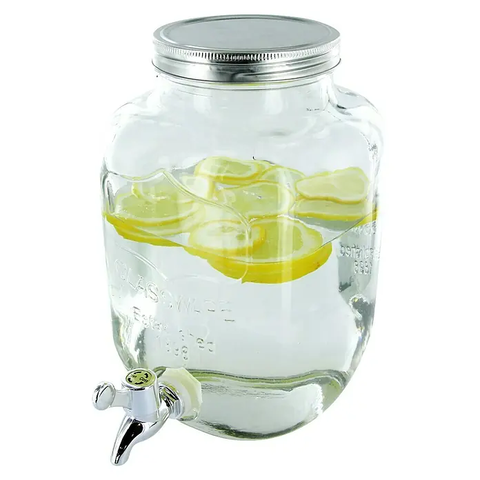 Dispensador de bebida - 4 l, Vidrio, Transparente - Dispensador de bebidas de vidrio con rodajas de limón y un grifo, ideal para bebidas refrescantes en fiestas o en la vida cotidiana.