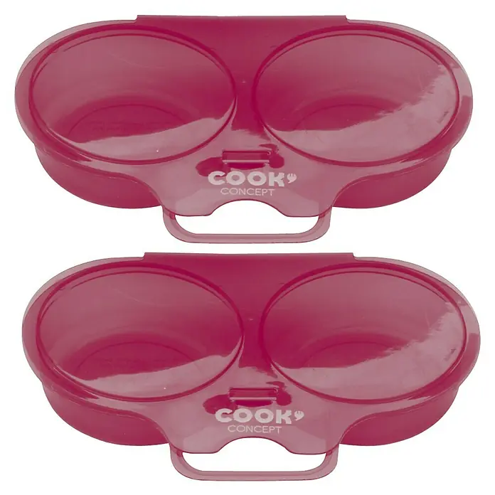 Set de cuece huevos doble para microondas - 2 ud., Específico para: Microondas - Primer plano de dos cocedores de huevos rosas Cook Concept con compartimentos dobles y asas sobre un fondo negro.