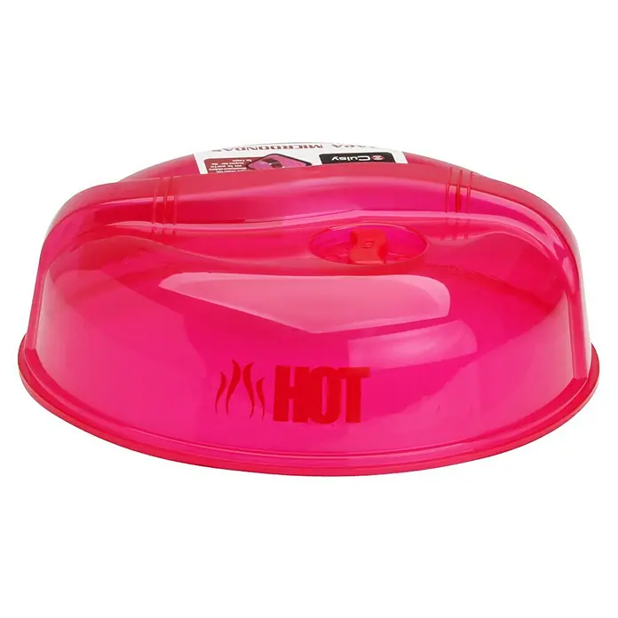 Tapa para microondas con válvula de vapor - Plástico, Diámetro: 25,5 mm - Primer plano de una tapa de microondas de plástico rosa con la palabra "HOT" en rojo, diseñada para promover un uso seguro y eficaz del microondas.