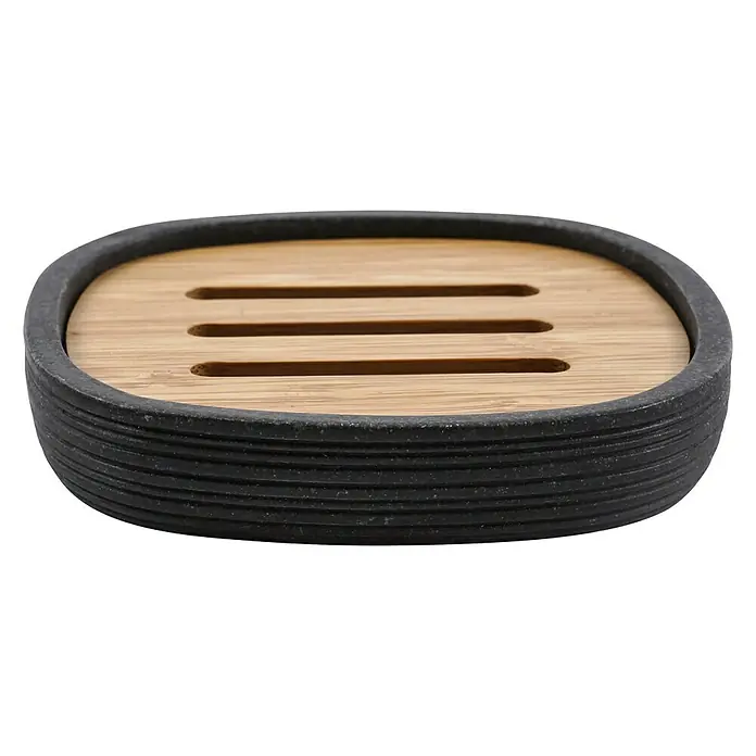 Bath Stage B-Kubic Jabonera - 10 x 10 x 1,5 cm, Plástico, Negro - Elegante jabonera de piedra oscura con inserción de bambú para un diseño de baño elegante.