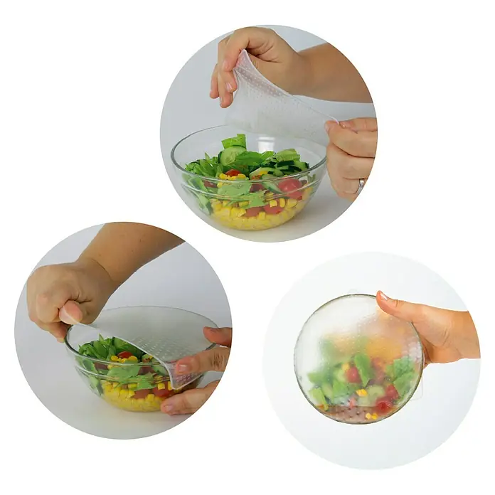 Set de tapas estirables - 3 ud., Silicona - Presentación de una tapa de silicona flexible para cubrir una ensaladera, manteniendo los alimentos frescos.