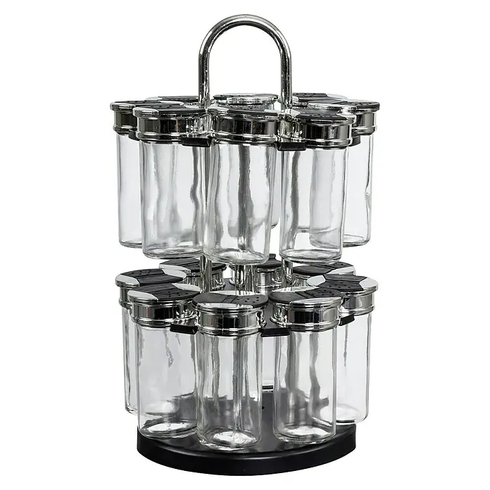 Especiero carrusel giratorio - Específico para: 16 botes, Ø x Al: 19 mm x 31,5 cm - Especiero giratorio de acero inoxidable con 16 botes de vidrio vacíos para guardar hierbas y especias de cocina. Práctico y elegante.