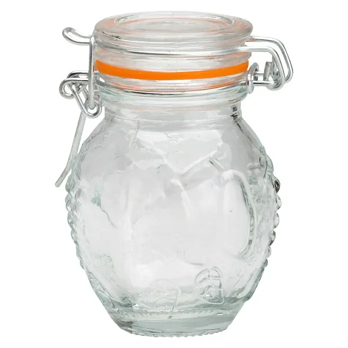 Frasco con cierre mecánico - Vidrio, Surtido - Tarro de cristal con cierre de alambre y anillo de sellado naranja. Ideal para guardar mermelada o especias, con motivo en relieve.