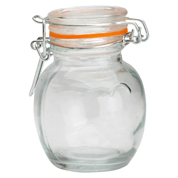 Frasco con cierre mecánico - Vidrio, Surtido - Un frasco de vidrio redondo vacío con un anillo de sellado naranja y un soporte de alambre metálico, perfecto para conservar.