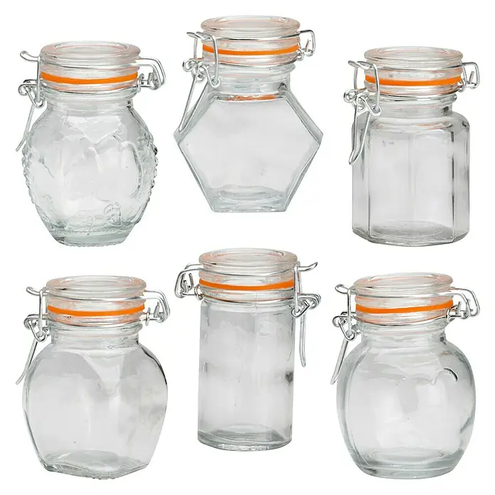 Frasco con cierre mecánico - Vidrio, Surtido - Seis tarros de cristal vacíos con cierre de clip y juntas naranjas, ideales para almacenar alimentos y conservar.
