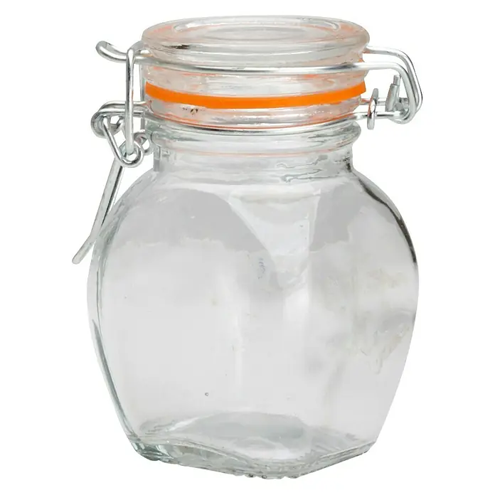 Frasco con cierre mecánico - Vidrio, Surtido - Un tarro de conservas vacío con tapa de cierre abatible y un sello naranja. Perfecto para guardar alimentos y otros artículos.
