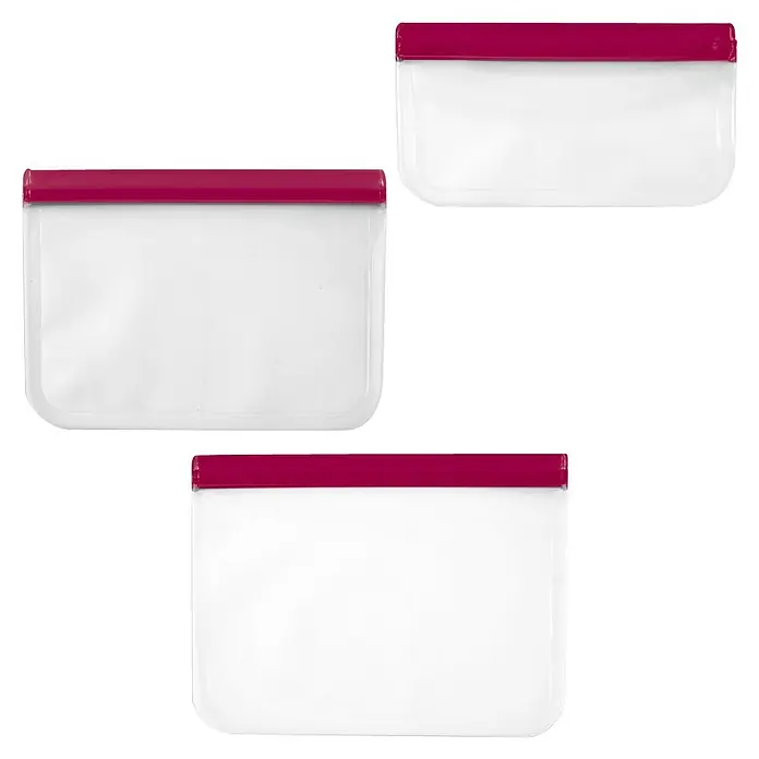 Set de bolsas de vacío reutilizables - 3 ud., Plástico - Tres bolsas reutilizables para alimentos con cierre rojo. Almacenamiento ecológico para la cocina y para llevar.