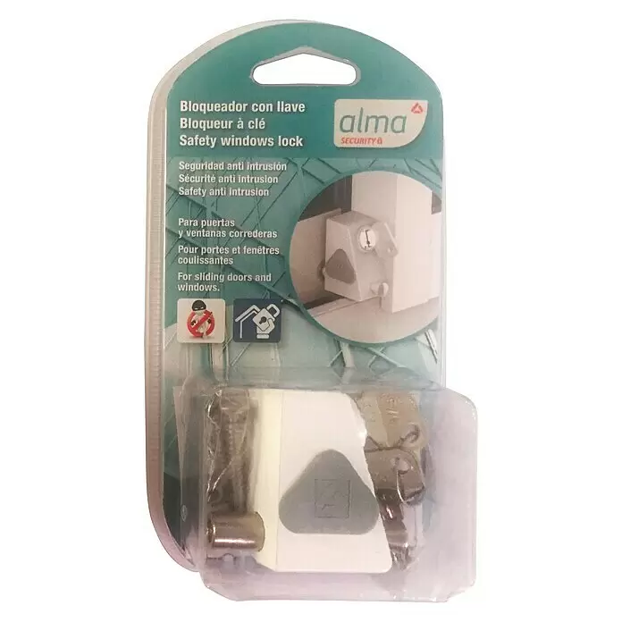 Cierre de seguridad para ventanas - Blanco, Ventanas correderas, Tipo de bloqueo: Llave - Bloqueo de seguridad blanco para ventanas en empaque, con llaves y accesorios de montaje, para puertas y ventanas correderas.