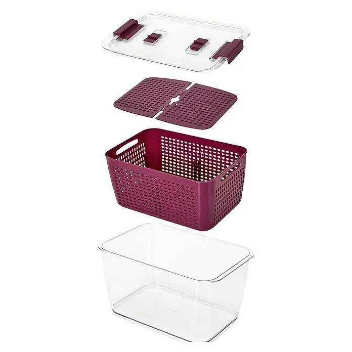Contenedor hermético - L x An x Al: 18,5 x 28,5 x 15 cm, Número de compartimentos: 2 ud. - Imagen de un contenedor de almacenamiento modular transparente para nevera con cesta, rejilla de drenaje y tapa color burdeos.