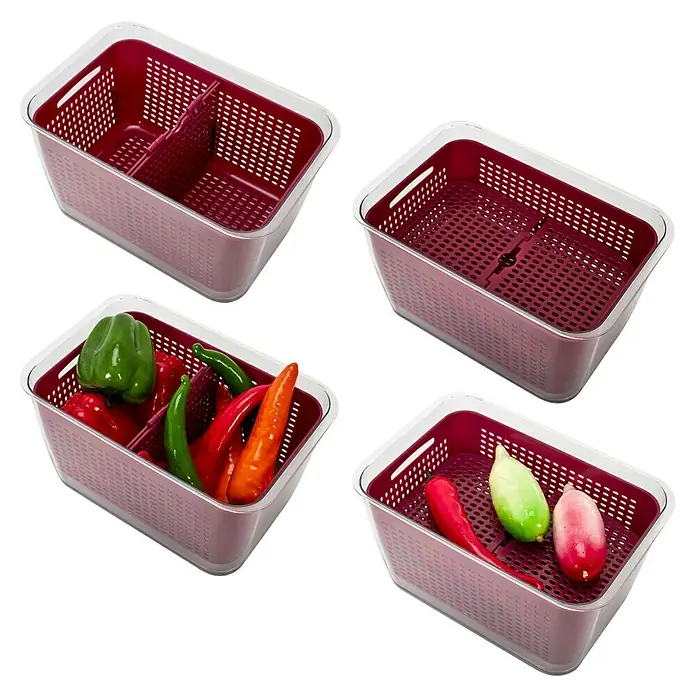 Contenedor hermético - L x An x Al: 18,5 x 28,5 x 15 cm, Número de compartimentos: 2 ud. - Múltiples vistas de una canasta para conservar productos de color burdeos con tapa transparente, algunas con productos.