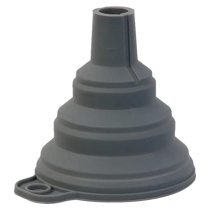 Embudo retráctil - Material: Silicona, Blanco roto, gris y burdeos - Embudo plegable gris con diseño acanalado y orificio para colgar para facilitar el almacenamiento.
